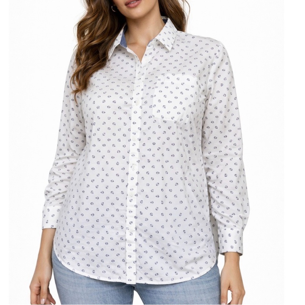 Tommy Hilfiger blouse/top anchor white/blue button down dress SZ S Navy cotton